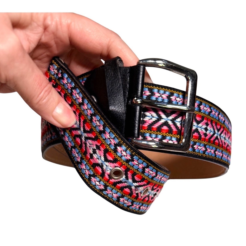 Woven Tapestry Geometric Belt Pink Blue Red Silver Buckle Medium 1.5 Inch Wide